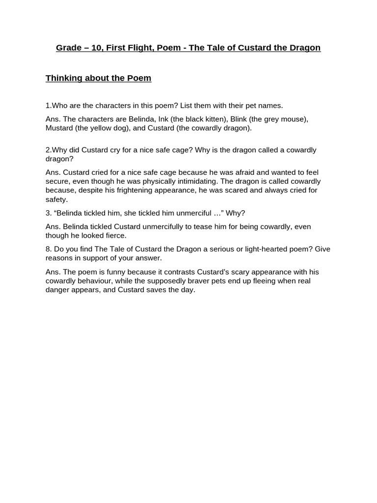 Grade - 10. First Flight, Poem - The Tale of Custard The Dragon | PDF