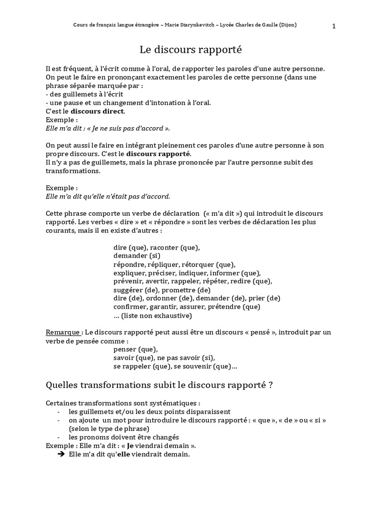 Le Discours Rapporté en Français | PDF | Phrase | Mécanique du langage