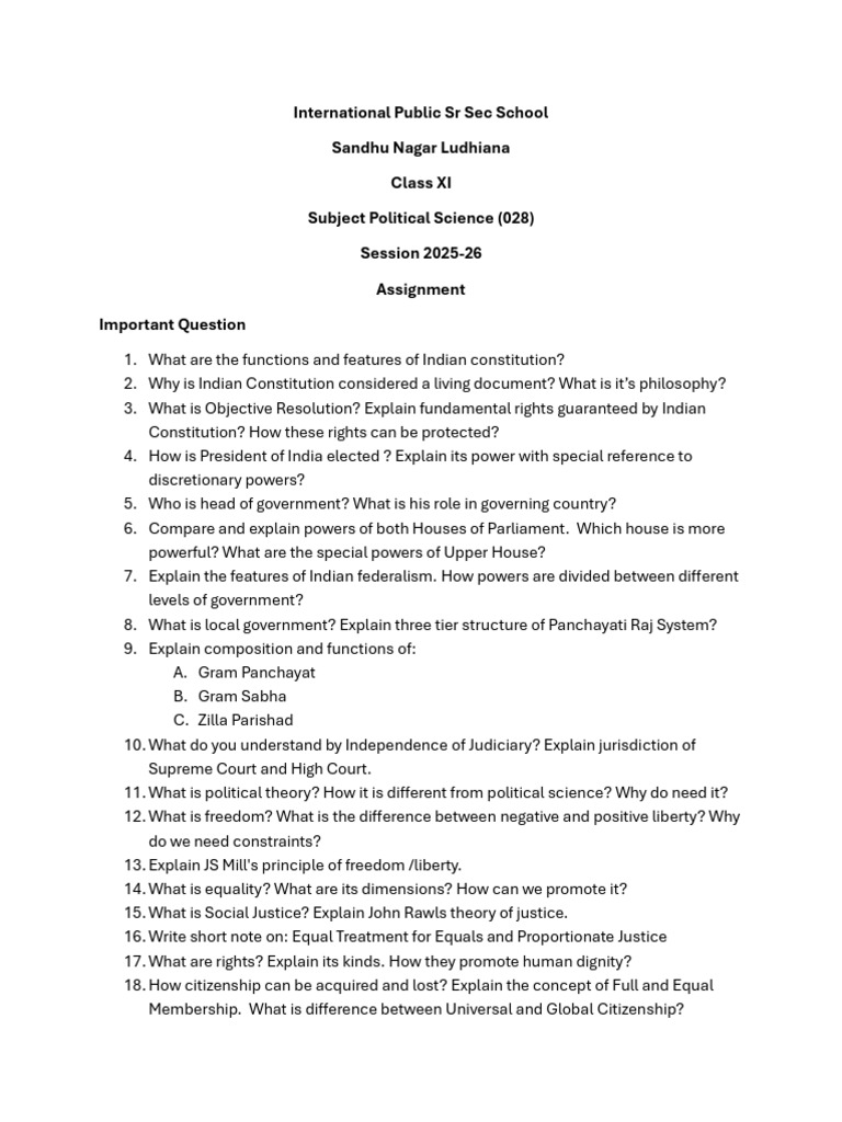 11 Political Science Important Questions | PDF | Government | Justice