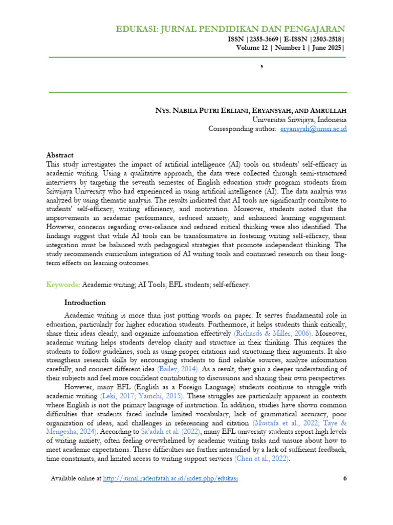The Impact of AI Tools On EFL Students Self-Effic | PDF | Self Efficacy ...