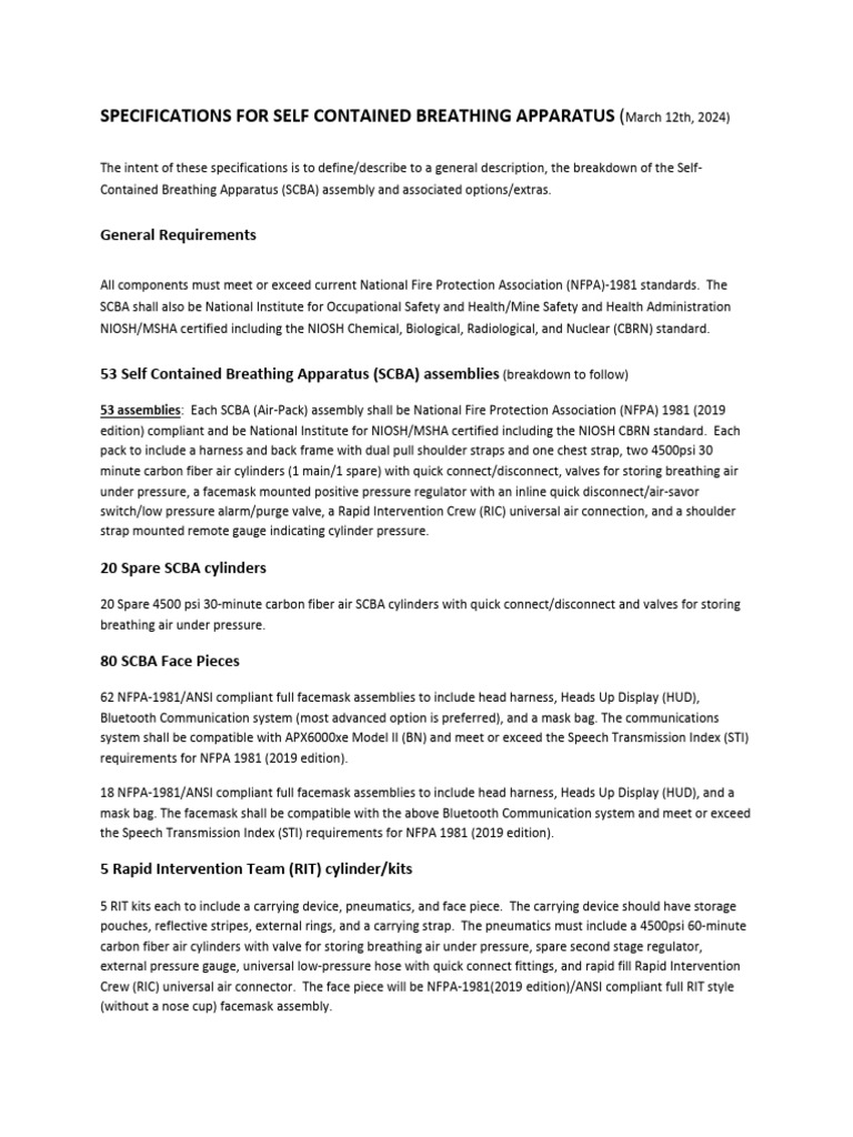 2024 Scba Bid Specs Language | PDF | Equipment | Safety