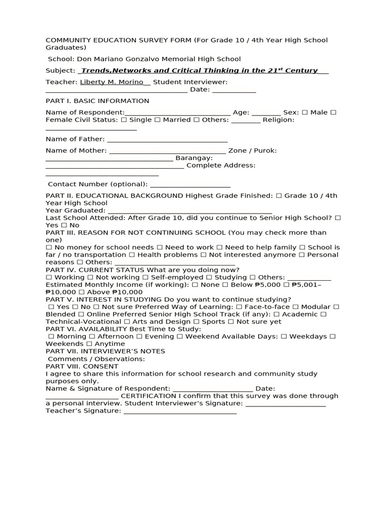 Community Education Survey Form | PDF