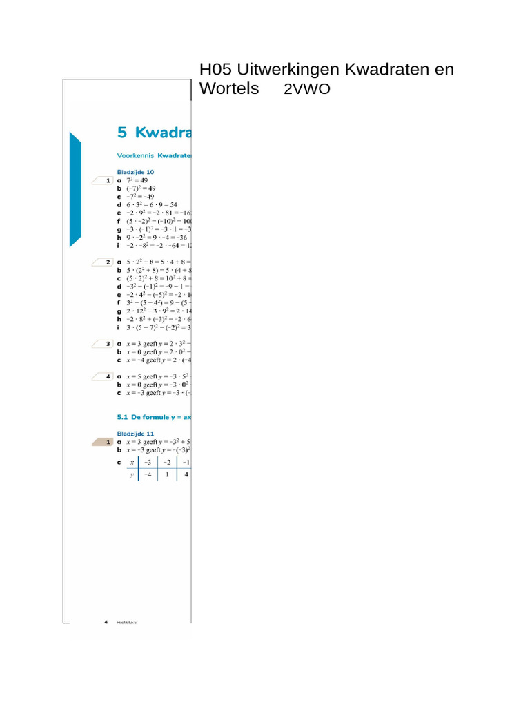 H05 UITW Leerdoek Kwadraten en Wortels 2VWO 2324 | PDF