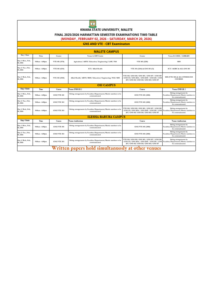 Final 2025-2026 Harmattan Semester Exams Time Table | PDF | Vocational ...