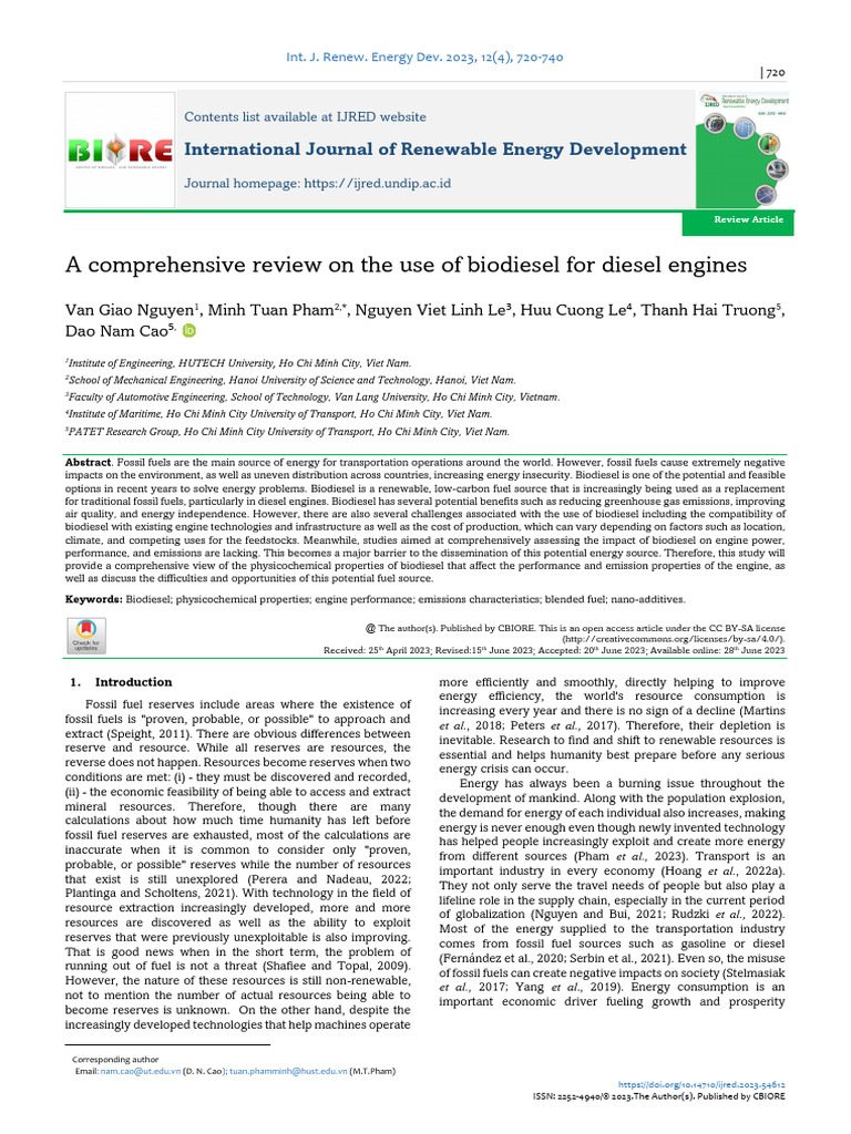 A Comprehensive Review On The Use of Biodiesel For Diesel Engines | PDF ...
