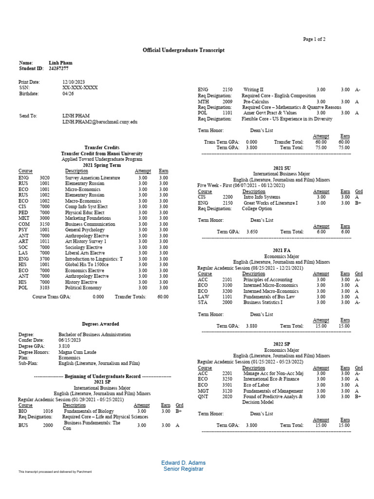 Transcript Self Report 2 | PDF