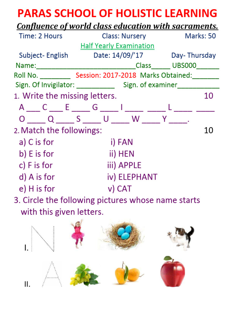 Question Paper of Class Nursery | PDF