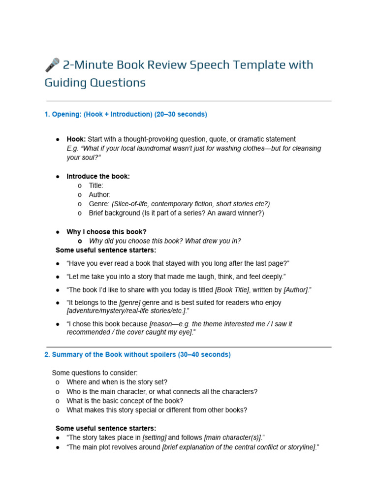 2-Minute Book Review Speech Template With Guiding Questions | PDF