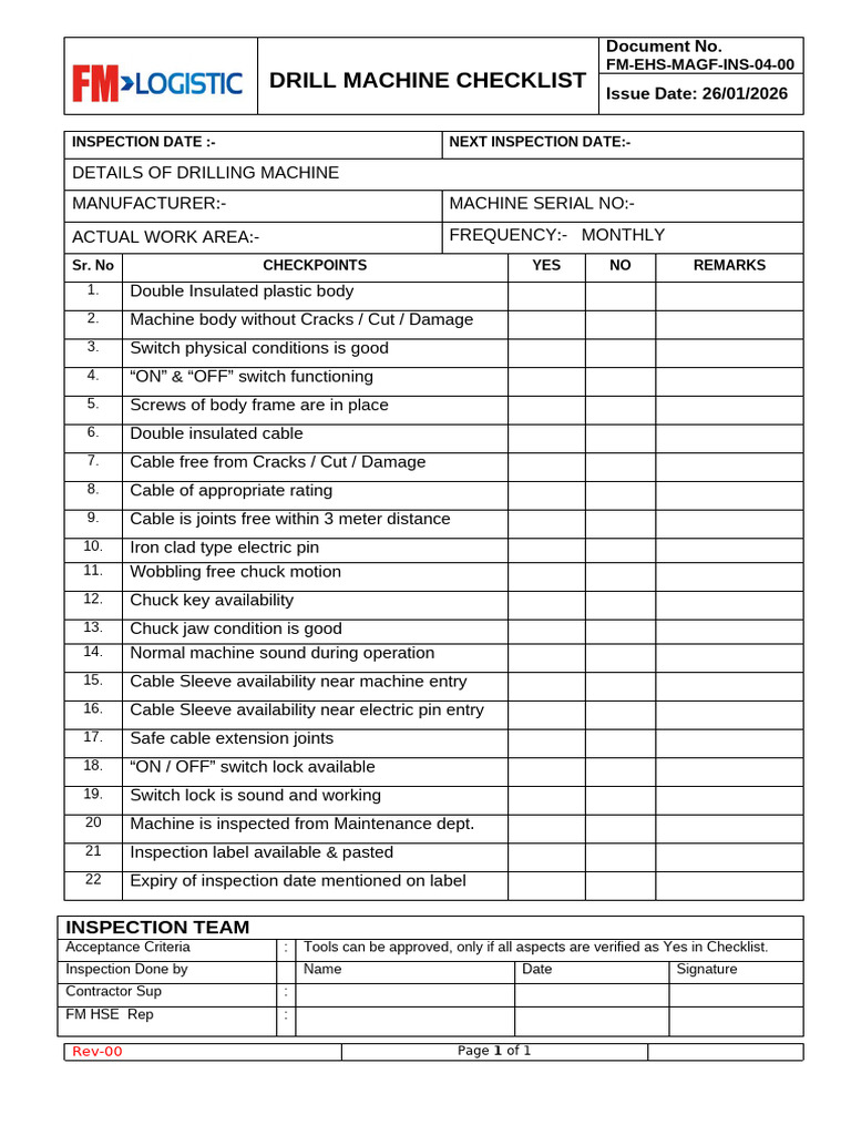 Drill Machine Inspection Checklist FM | PDF | Drill | Chess Theory