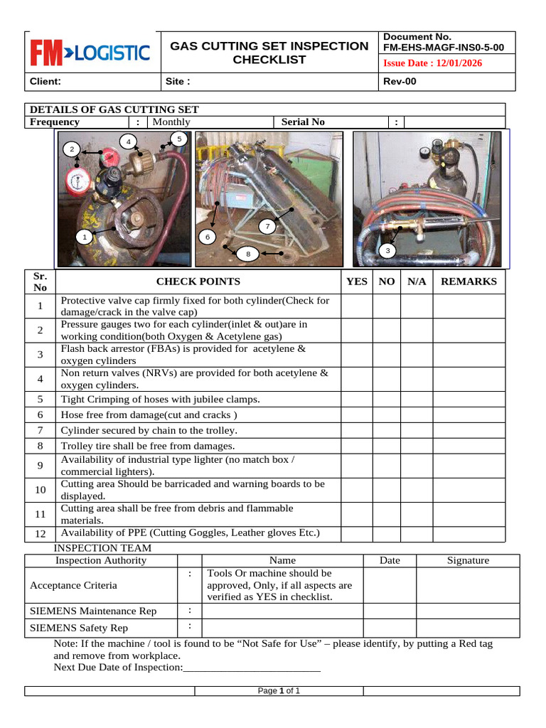Gas Cutting Set Inspection Checklist | PDF