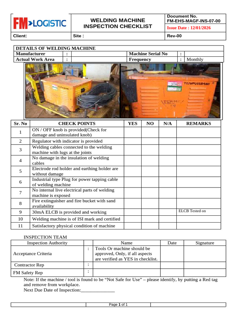 Welding Machine Inspection Checklist FM | PDF | Welding | Construction