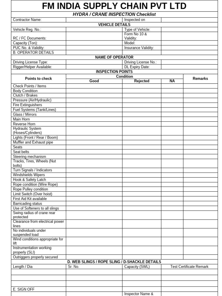Crane - Farana Inspection Checklist FM | PDF