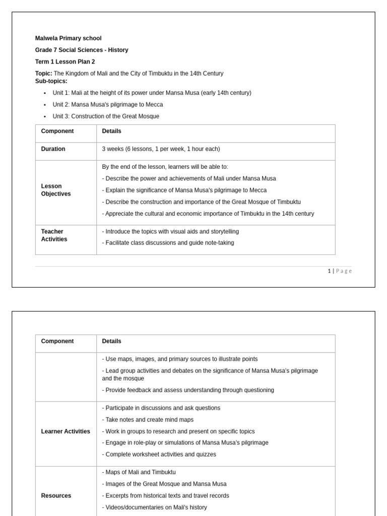 Grade 7 Term 1 Ss History Lesson Plan 2 2026 | PDF | Lesson Plan ...