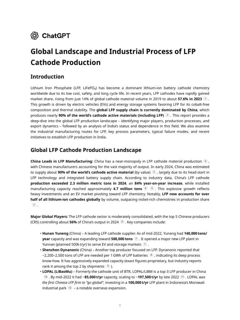 Global Landscape and Industrial Process of LFP Cathode Production | PDF ...