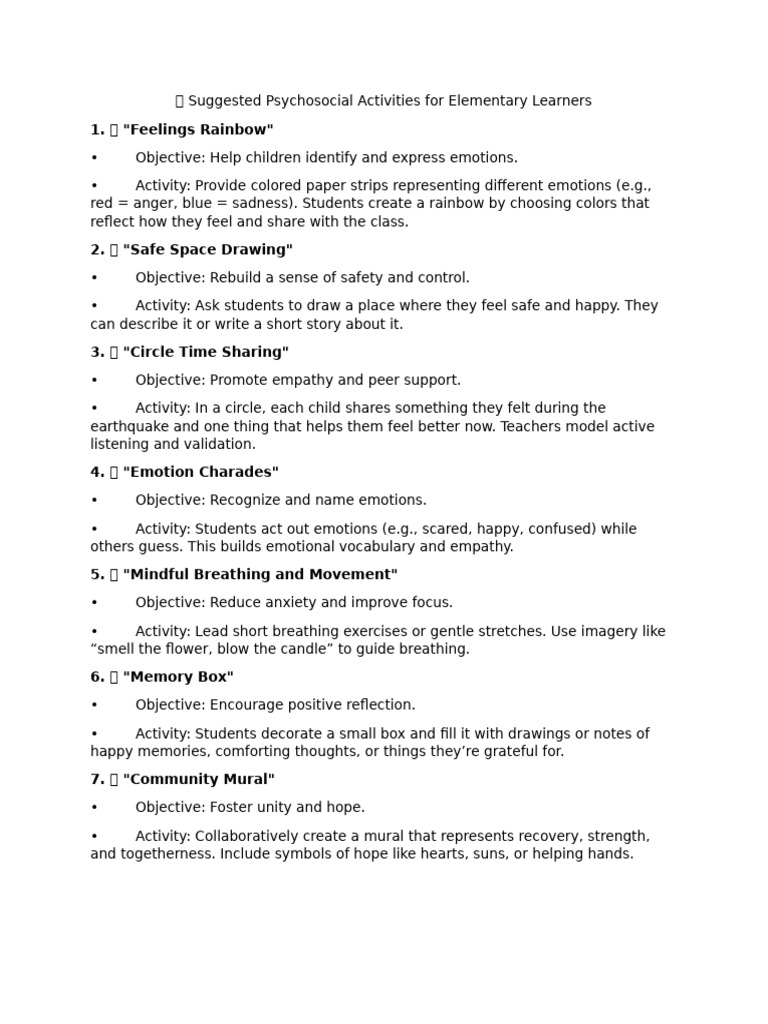 Suggested Psychosocial Activities For Learners | PDF