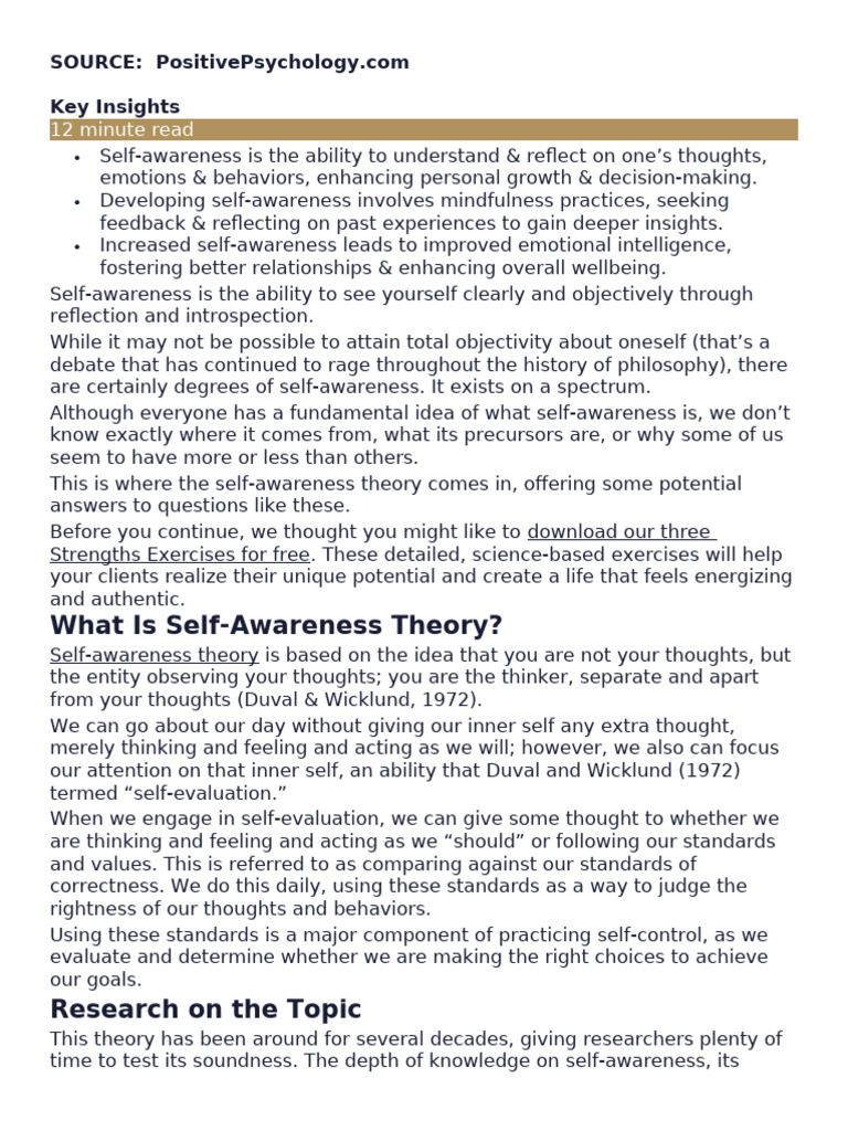 Positive Psychology - SELF AWARENESS | PDF | Self Awareness | Thought