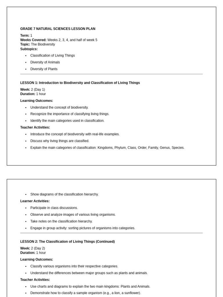 Grade 7 Term 1 Ns Lesson Plan 2 2026 | PDF | Biodiversity | Learning