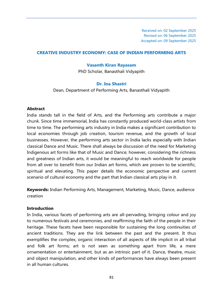 Creative Industry Economy Case of Indian Performing Arts | PDF ...
