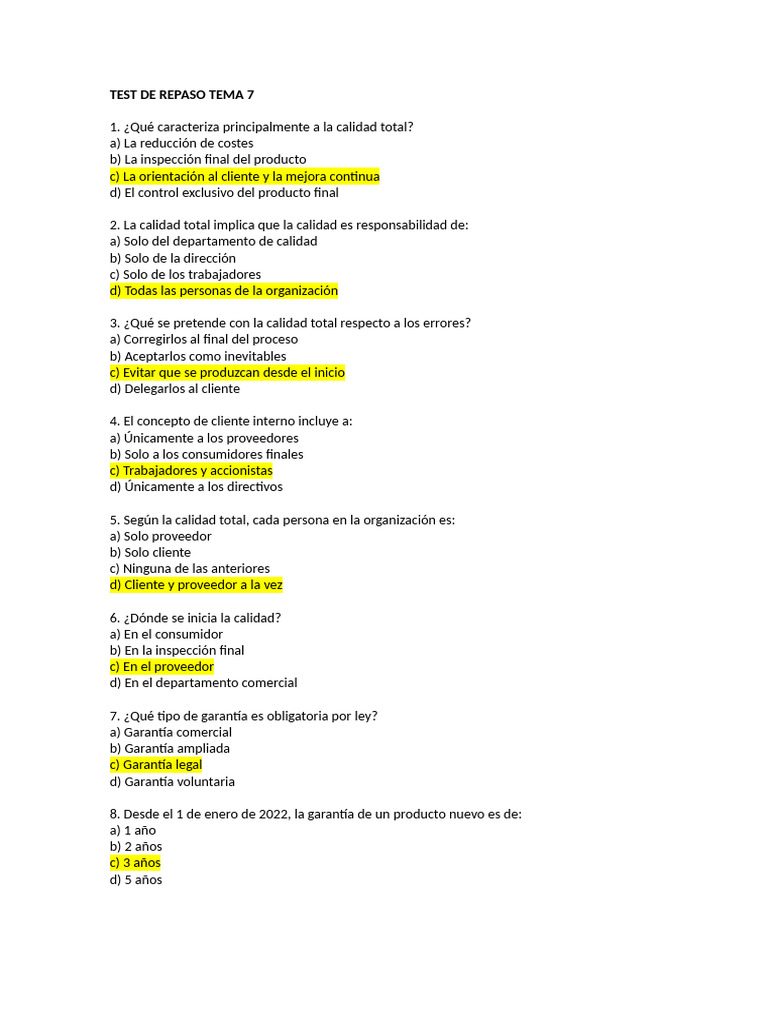 Test de Repaso Tema 7 | PDF | Calidad (comercial) | Gestión de la calidad