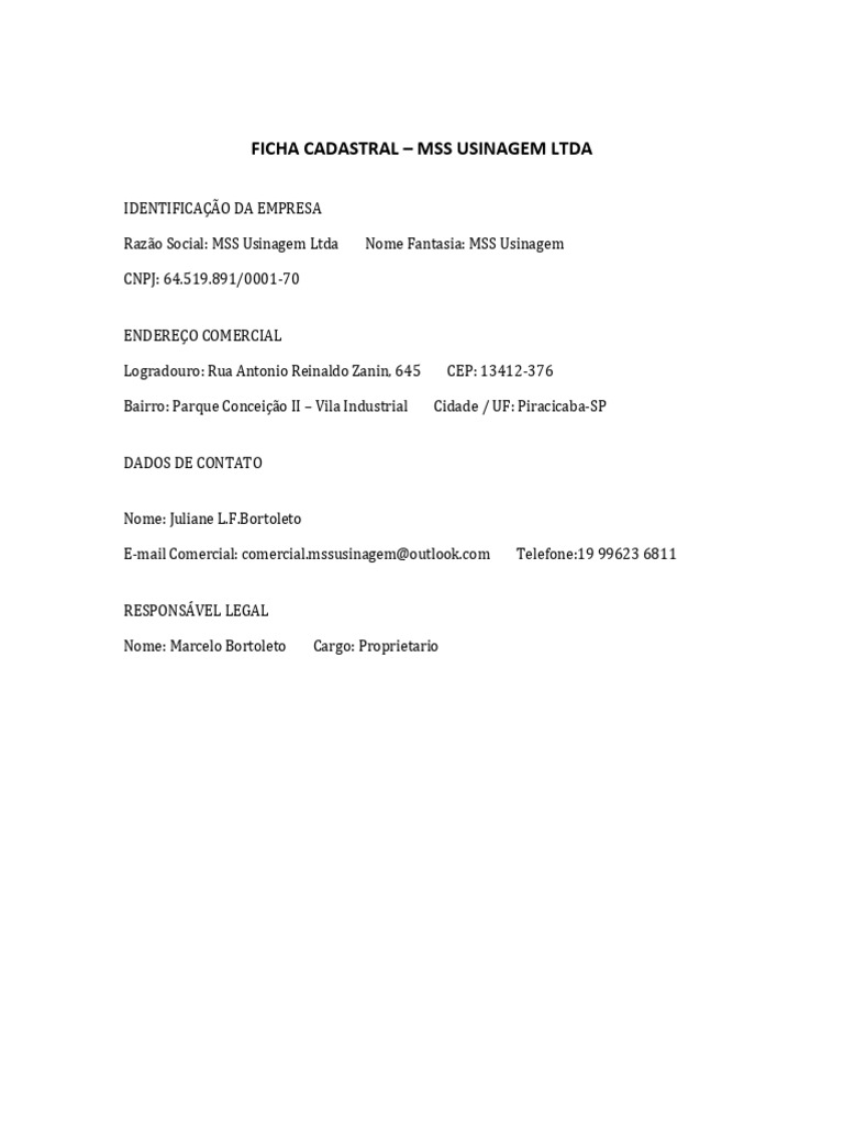 Ficha Cadastral MSS Usinagem | PDF