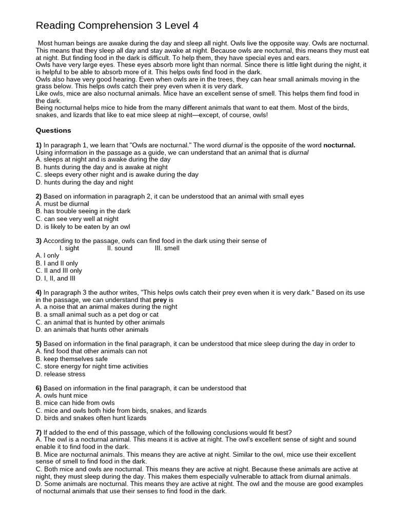 Comprehension 3 Level 4 | PDF | Owl | Mouse