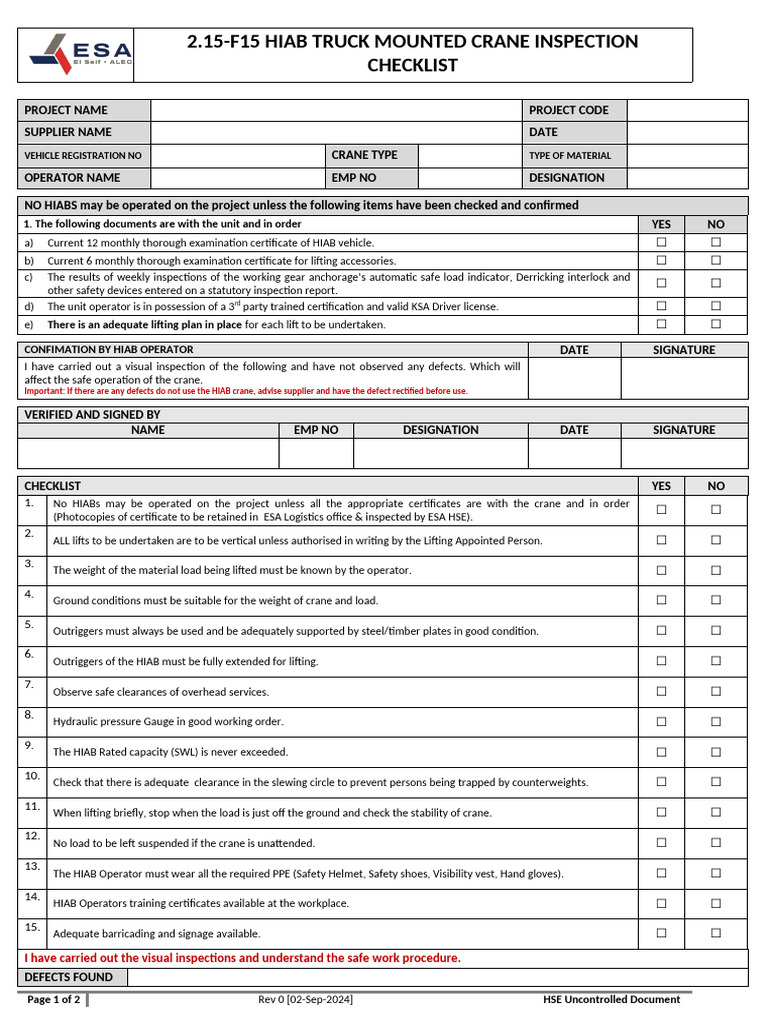 2.15-F15 HIAB Truck Mounted Crane Inspection Checklist | PDF | Crane ...