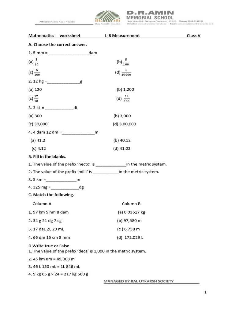 Meathematics L - 8 Worksheet Revised - Compressed | PDF | Litre | Units ...