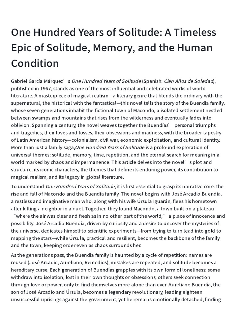 One Hundred Years of Solitude - A Timeless Epic of | PDF