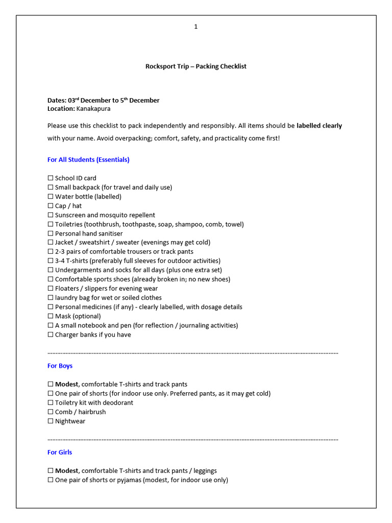 Rocksport - Checklist For MS Students | PDF | Clothing | Fashion