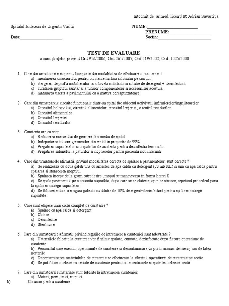 Test de Evaluare Infirmiere - Savastita Adrian | PDF