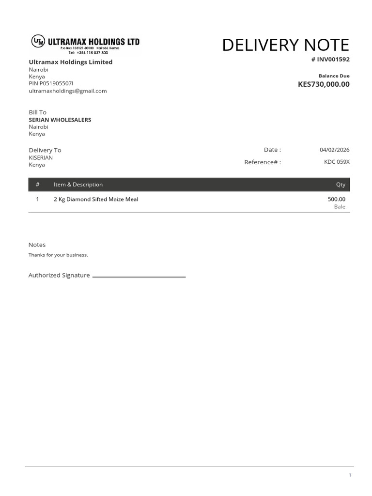 Deliverynote Inv001592 | PDF