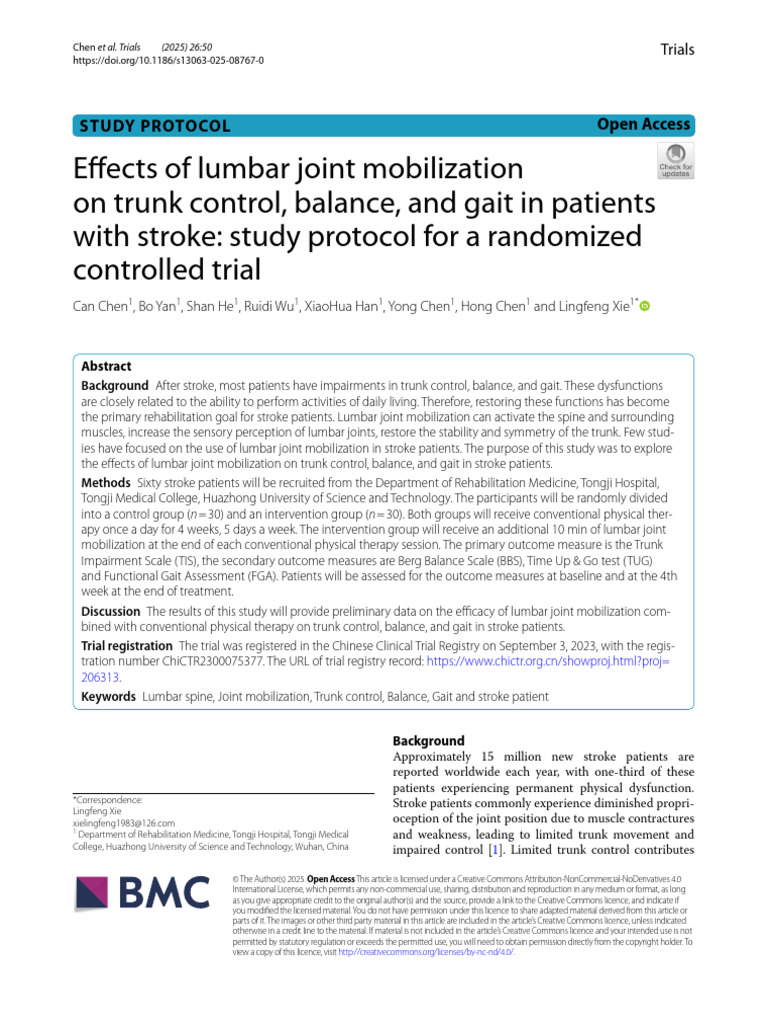 Effects of Lumbar Joint Mobilization On Trunk Control, Balance, Gait in ...