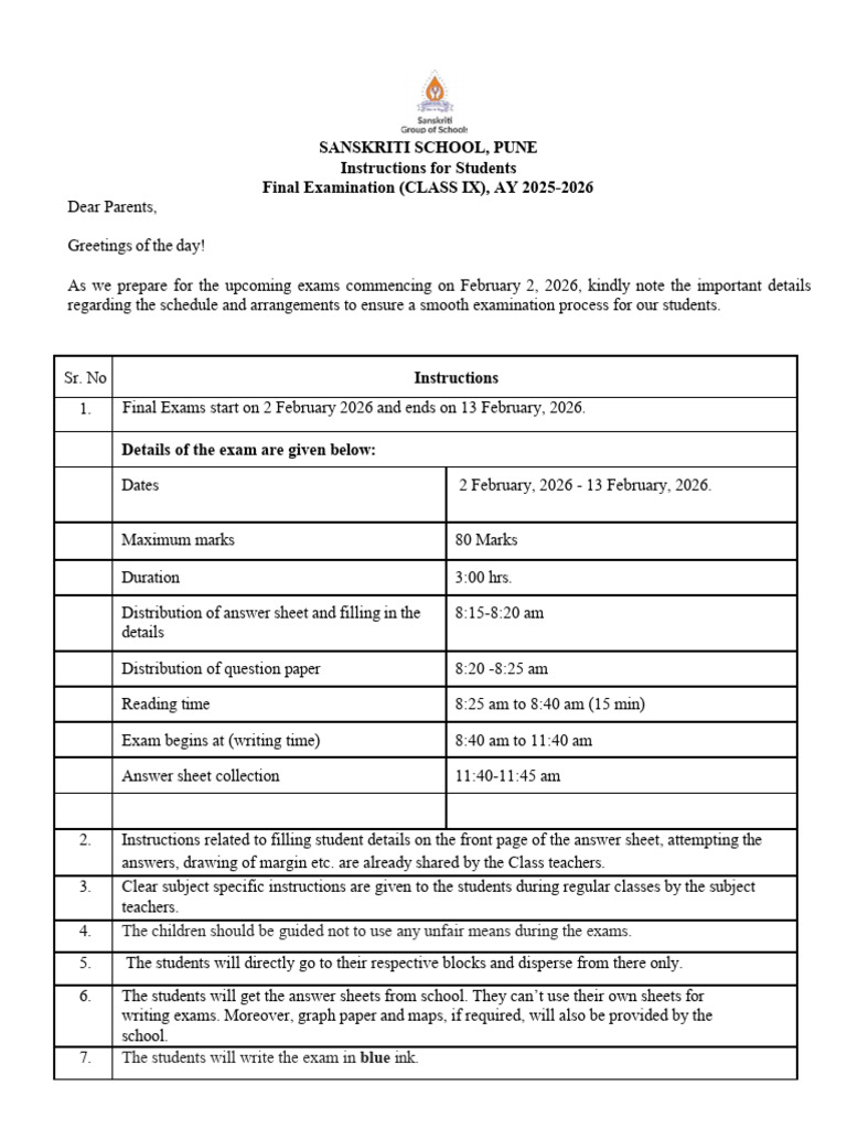 Final Exam Instructions For Students and Parents Class 9 | PDF