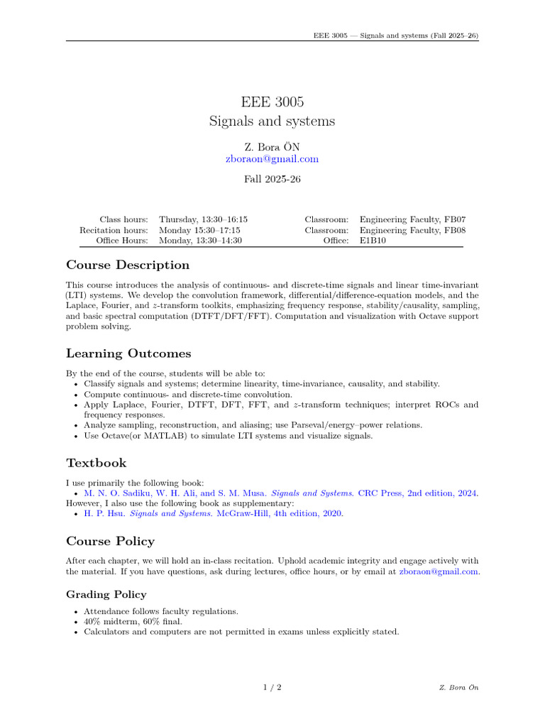 Syllabus Signals and Systems 2025 Fall | PDF | Applied Mathematics ...