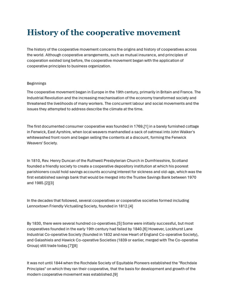 Reading 1 Brief History of World Cooperative Movement and Cooperatives ...