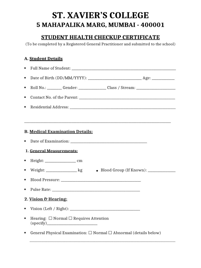Student Health Checkup Certificate | PDF | Physical Examination ...