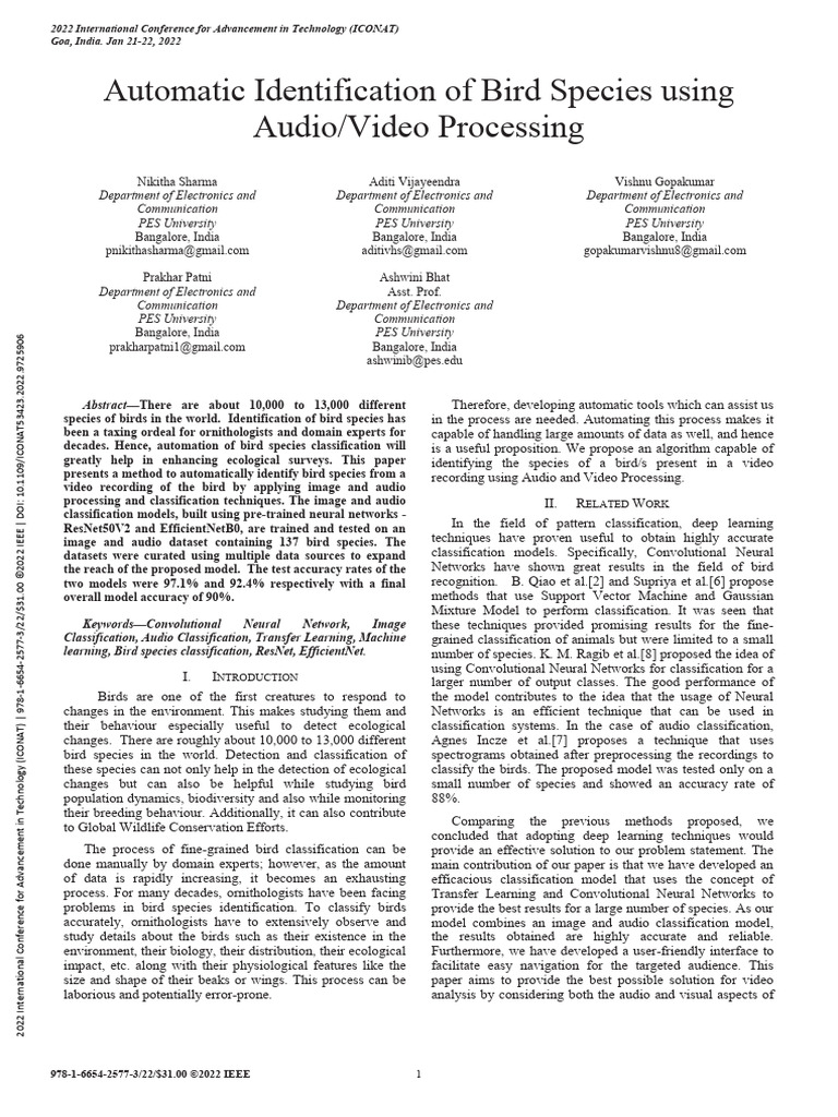 Automatic Identification of Bird Species Using Audio Video Processing ...