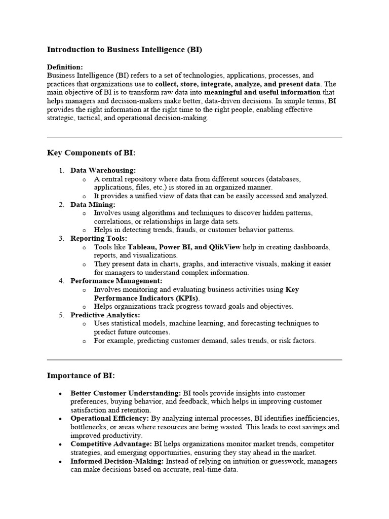 Introduction To Business Intelligence (BI) : o o o o o o | PDF | Data ...