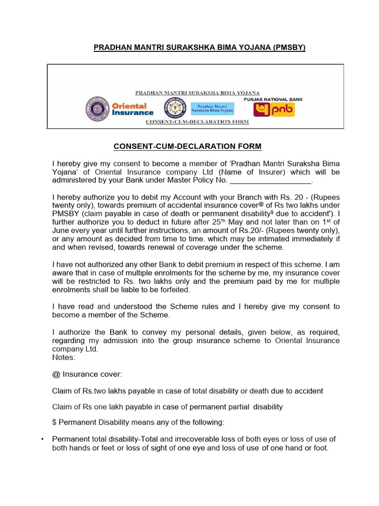 PMSBY Enrolment Form English | PDF | Insurance | Identity Document