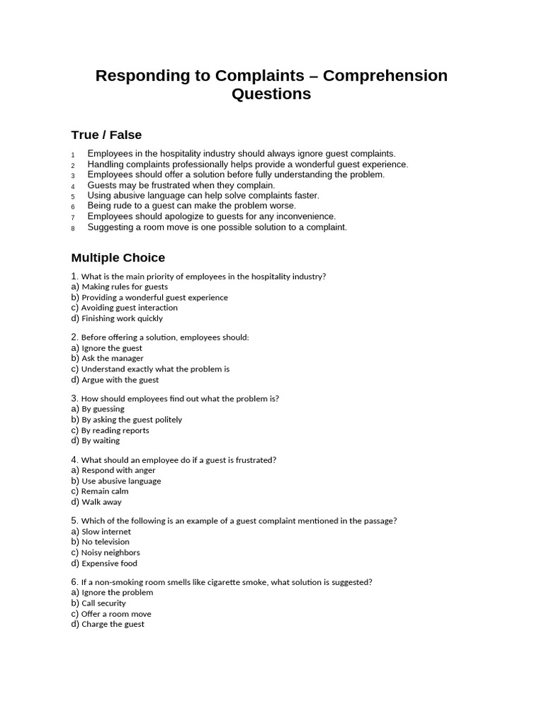 Responding To Complaints Questions | PDF