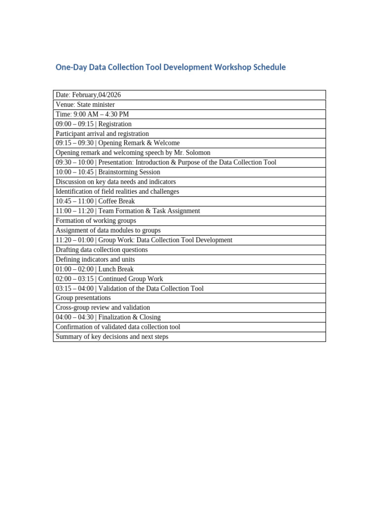 Data Collection Tool Workshop Schedule | PDF