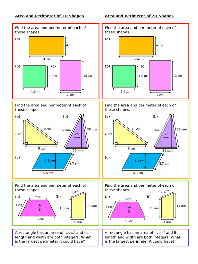 Area and Perimeter of 2D Shapes Practice Strips | PDF