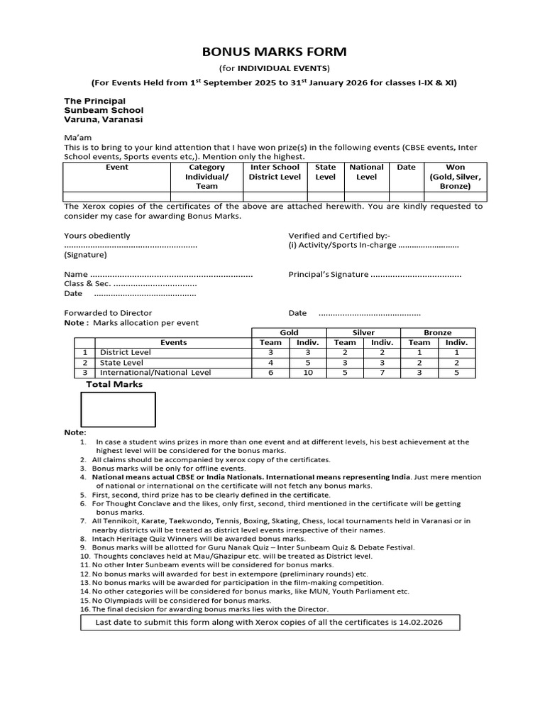 Bonus Marks Form 2026 - Given by Yaman Sir | PDF | Chess Openings | Chess