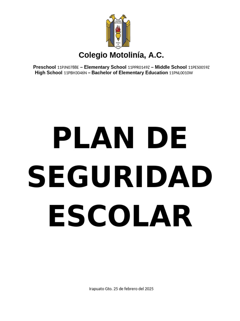 Plan de Seguridad Escolar Motolinia Irapuato | PDF | Defensa Civil ...