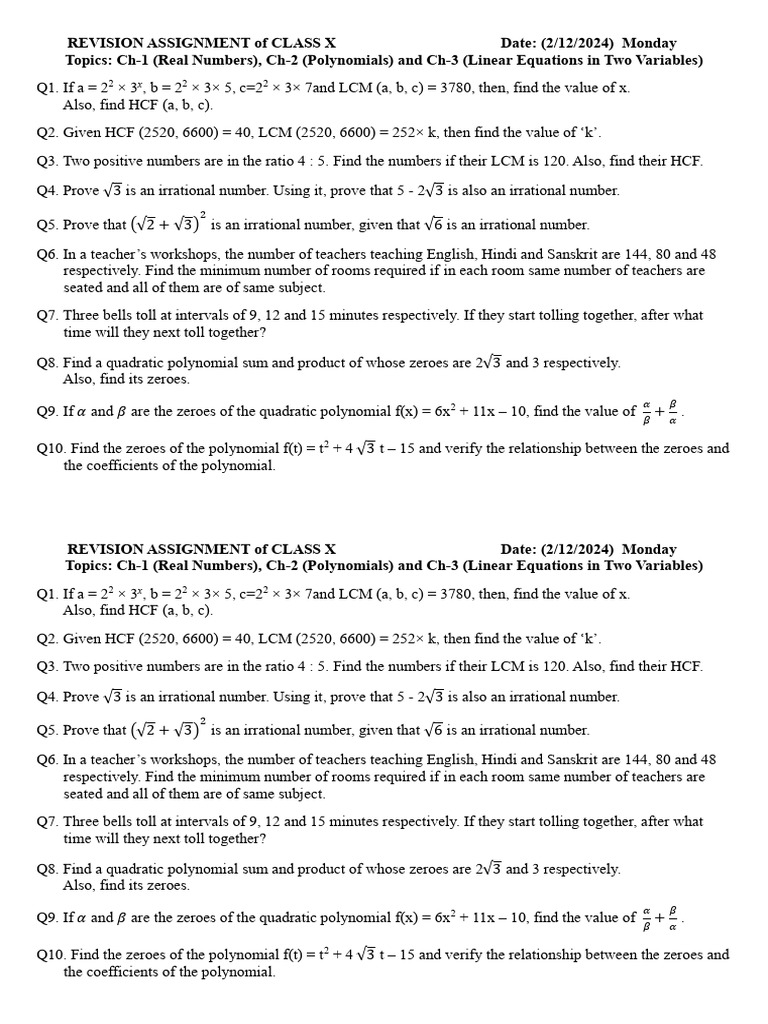 Practice Questions (Monday) | PDF | Polynomial | Equations