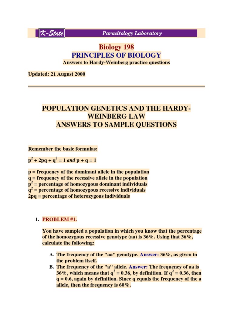 Hardy Weinberg Calculation1 Zygosity Dominance Genetics