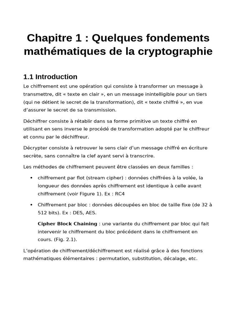 Chapitre 1 - Quelques Fondements Math - Matiques de La Cryptographie ...