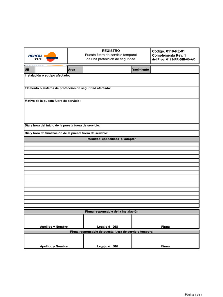0119-RE-01 Registro Puesta Fuera de Servicio | PDF