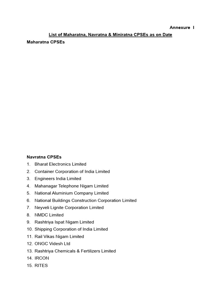 List of Navranta Maharatna and Mini Ratna Updated Till Date | PDF ...