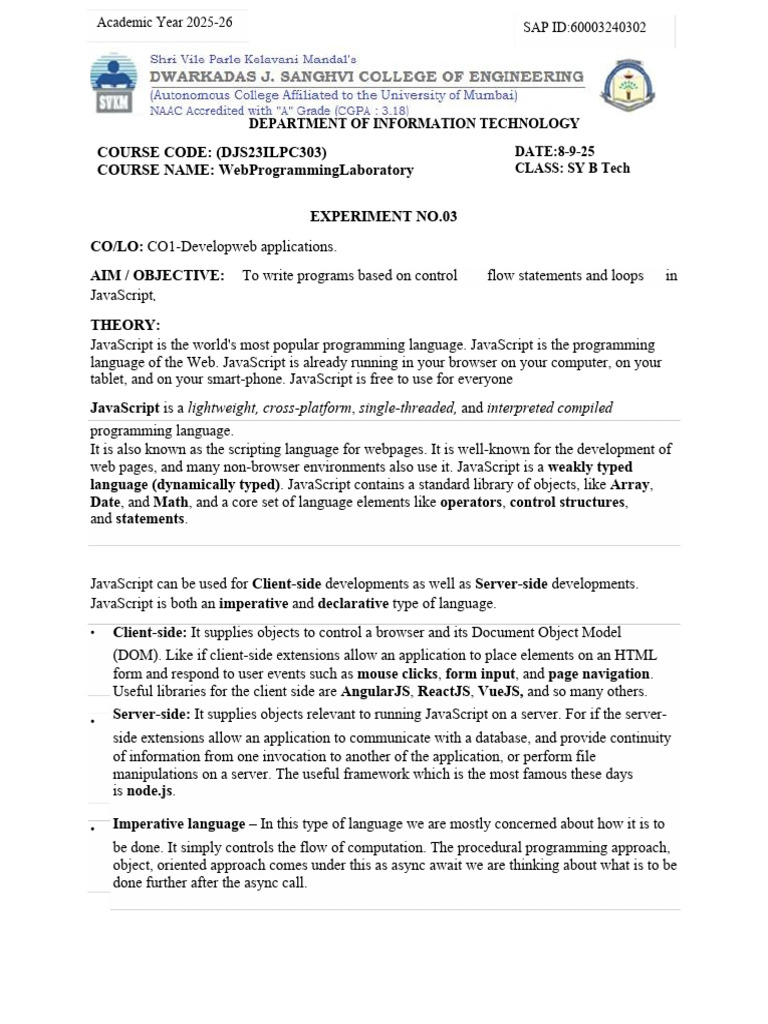 WP Exp 3 I - 169-1 PDF | PDF | Java Script | Control Flow